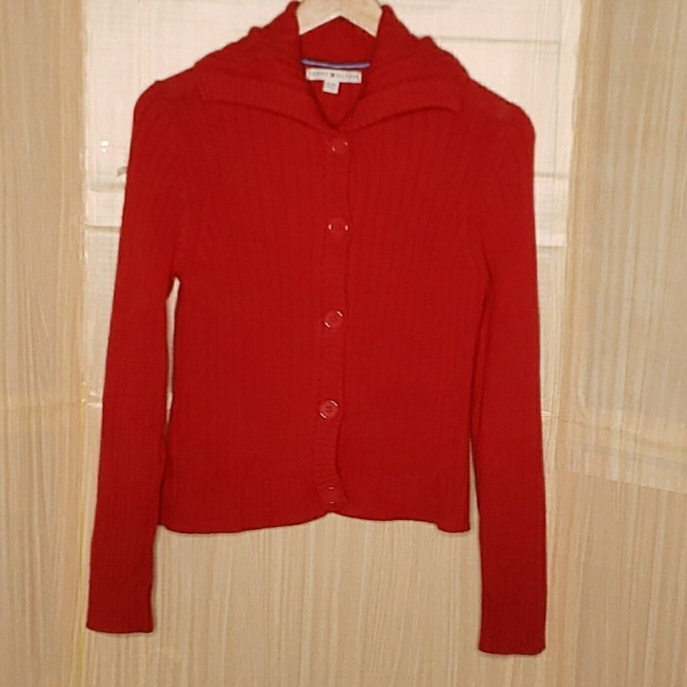 Tommy Hilfiger Womens Red Chunky Knit Ribbed Cardigan Sweater XL
